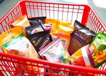 Healthy snacks in a Costco shopping cart.