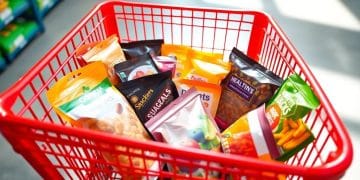 Healthy snacks in a Costco shopping cart.