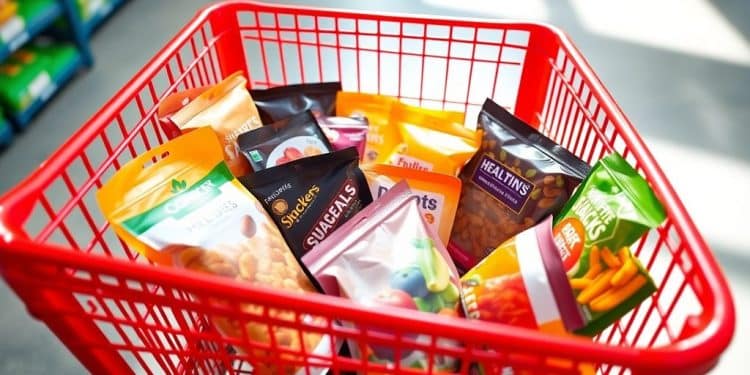 Healthy snacks in a Costco shopping cart.