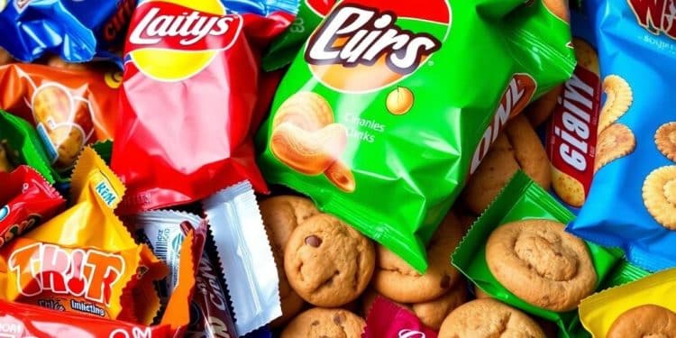Variety of individually wrapped snacks on a table.