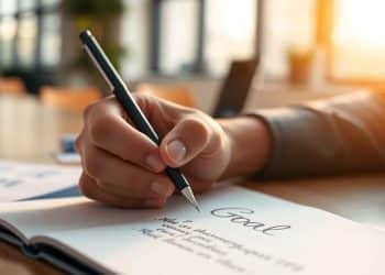 Person writing goals, sunlit office, focused expression.