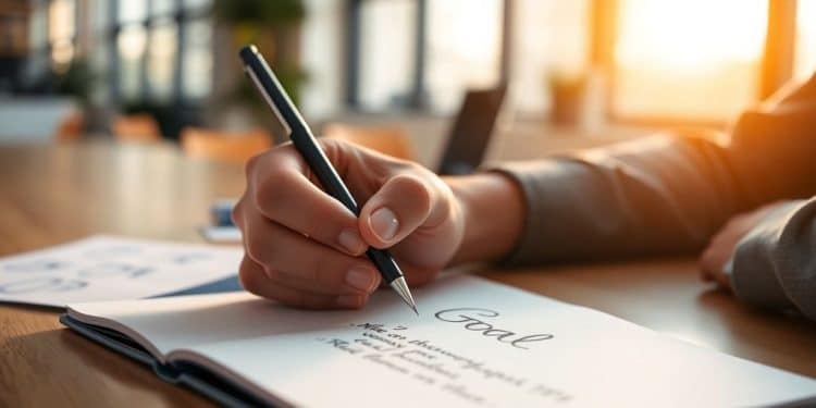 Person writing goals, sunlit office, focused expression.