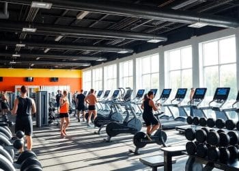 Bright gym interior with modern equipment.