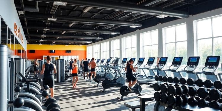 Bright gym interior with modern equipment.
