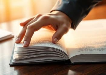 Executive hand opening a glowing book.