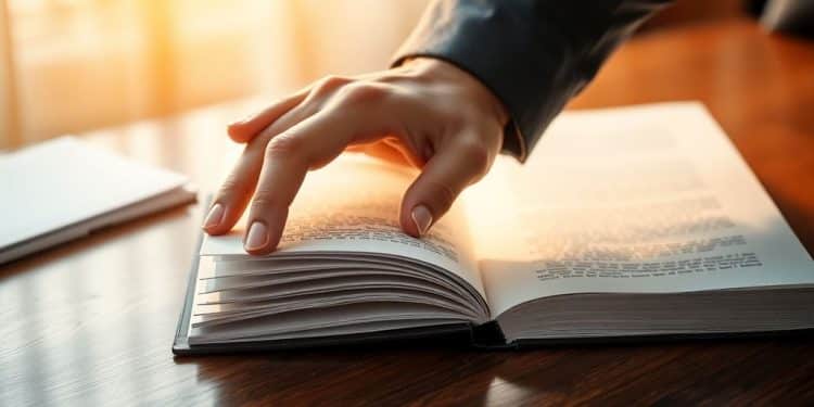 Executive hand opening a glowing book.