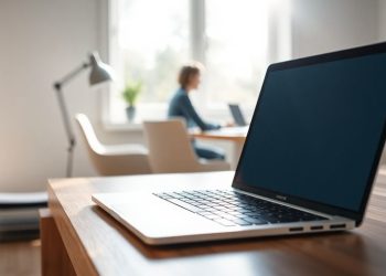 Laptop on desk with person working