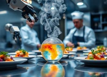 Futuristic kitchen with robotic arms preparing innovative dishes.