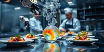 Futuristic kitchen with robotic arms preparing innovative dishes.